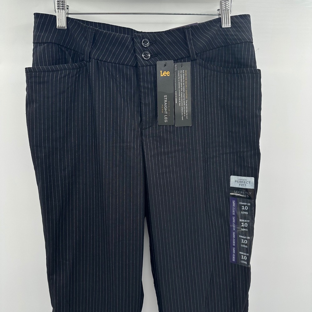 Lee Secretly Shapes Pinstripe Straight Leg Trousers Black White 10 Long NWT New